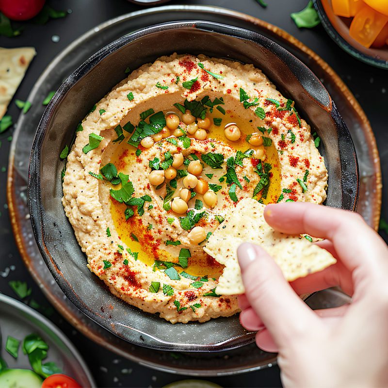 hummus4 Entdecken Sie die köstliche Welt des Hummus! Dieser cremige Dip aus Kichererbsen, Tahini und Olivenöl ist nicht nur vielseitig und gesund, sondern auch einfach selbst herzustellen. Perfekt als Brotaufstrich, Dip oder Beilage – Hummus bringt leckeren Geschmack und pflanzliches Protein in Ihre Küche.